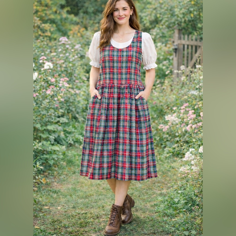 Susan Bristol Red and Green Plaid Midi Pinafore Dress